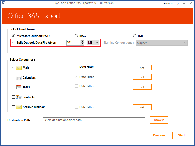 Split Outlook Data File Option